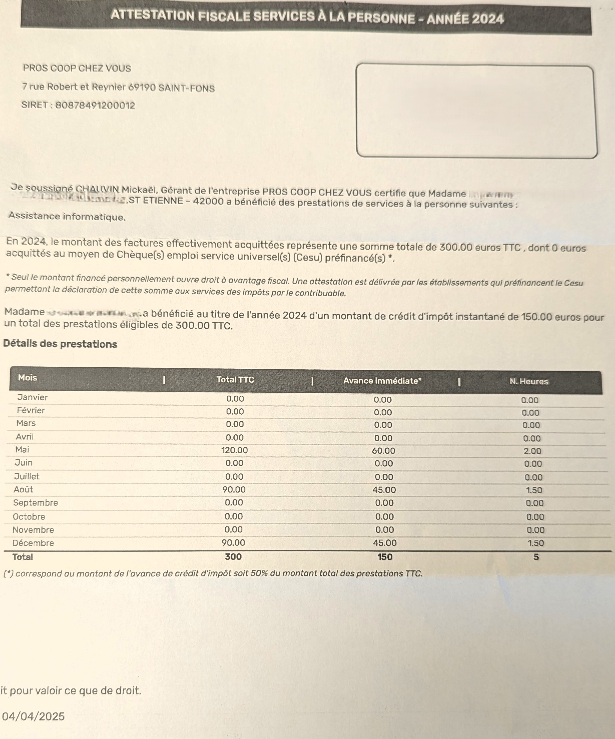déclaration Pros Coop pour l'Avance Immédiate